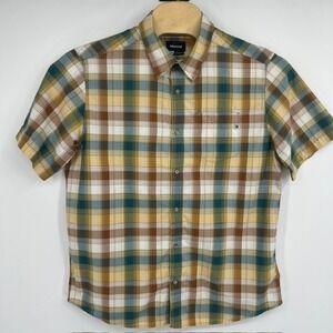 Marmot Men's XL Plaid Short Sleeve Button Tan/Teal Button Up Shirt Size XL